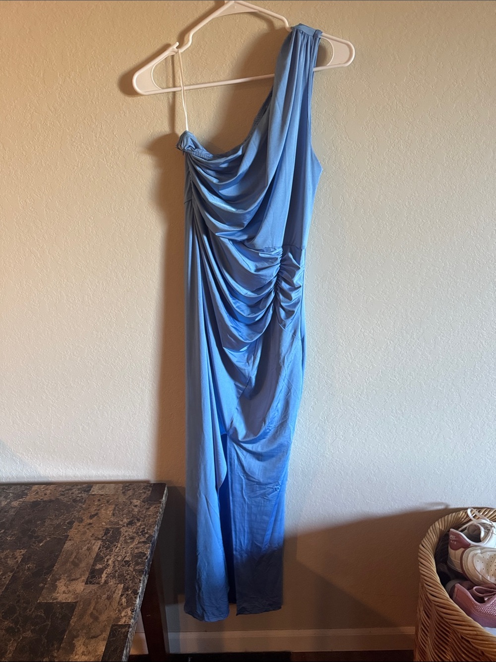 One-Shoulder Draped Blue Women’s Dress